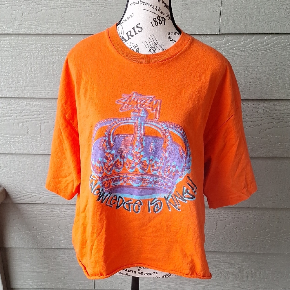 Stussy 'Knowledge Is King' Crown Graphic Cropped Cotton Tee Size XXL Orange Blue